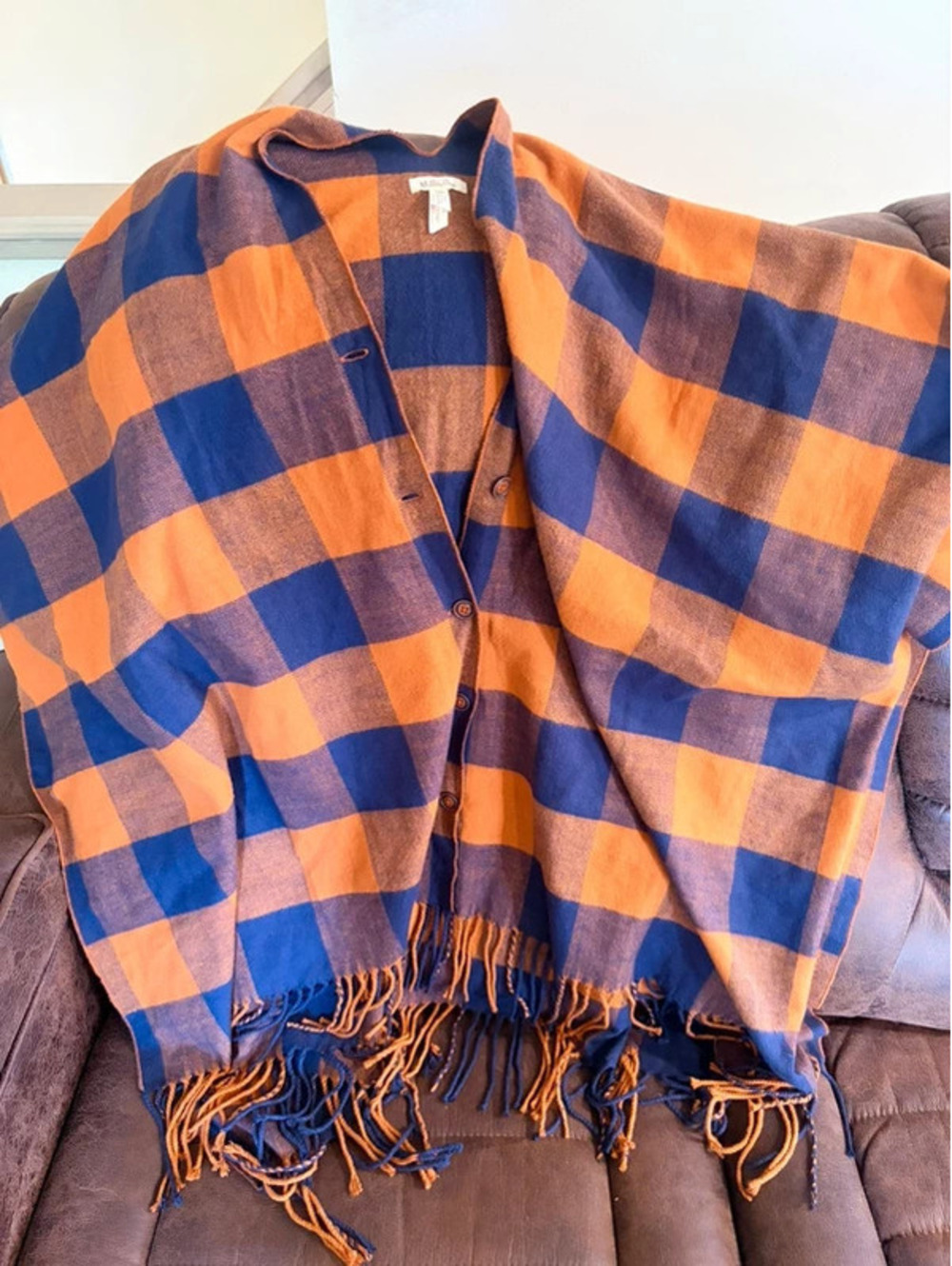 Matilda Jane Warm Sunset Button Front Poncho One Siz Navy Blue Rust Orange Plaid